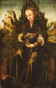 Sint Maria Magdalena zittend op een grasrand in een bergachtig landschap door Lucas Cranach