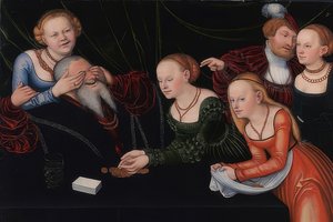 Oude man verleid door courtisanes. Rond 1537 door Lucas Cranach the Elder