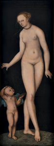 Duits: Venus mit Amor als Honigdieb vor schwarzem Grund Venus met Cupido als honingdief tegen een zwarte achtergrond door Lucas Cranach the Elder