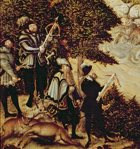 Johann Friedrich de Grootmoedige, keurvorst van Saksen en keizer Karel V die herten jagen nabij Hartenfels Kasteel, Torgau, 1544 (detail)