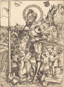 Sint-Joris staand, met twee engelen