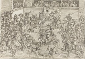 Het tweede toernooi met een wandtapijt met Samson en de leeuw door Lucas Cranach the Elder