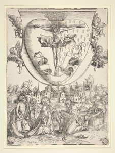 De Maagd, Sint Jan, Sint Laurentius en Sint Rochus met de wapens van het Heilig Hart