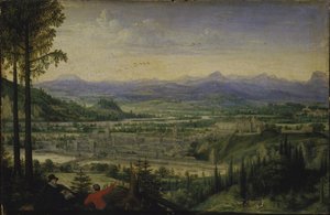 Uitzicht op Linz met kunstenaar die tekent op de voorgrond, 1593