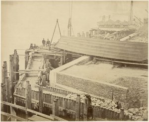 Bouw van het uitgebreide Limehouse Basin, Londen, mei 1869