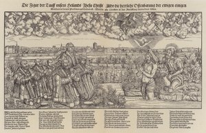 Frederik III, keurvorst van Saksen en Maarten Luther getuigen de doop van Christus (gravure)