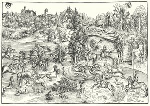 Hertenjacht in een hertenpark of landschap door Lucas the Elder (after) Cranach