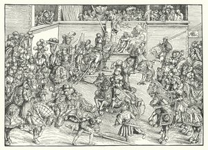 Het toernooi met het wandtapijt van Simson en de leeuw (gravure)