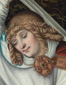 De Aartsengel Michaël die de Weegschaal van Gerechtigheid vasthoudt (detail) door Lucas the Elder (workshop of) Cranach