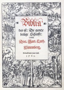 Titelpagina, met een fijne picturale rand uit "Biblia, das ist: Die gantze heilige Schrifft: Deudsch", vertaald door Martin Luther, 1560-1561