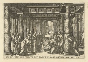 Christus en de overspelige vrouw door Lucas van Doetechum