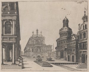Hoek van een paleis met zuilengang en rond gebouw