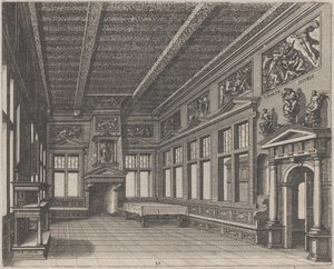 Interieur met Buffet, Schouw en Religieuze Schilderijen door Lucas van Doetechum and Johannes