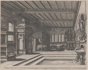 Interieur met Buffet, Ingangsportaal en Hemelbed door Lucas van Doetechum and Johannes