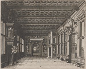 Interieur met uitzicht op een tweede kamer met schoorsteen