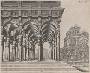 Loggia met Satyr Termen en een Tuin door Lucas van Doetechum and Johannes