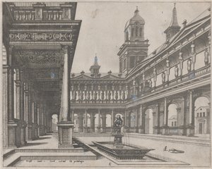 Paleishof met fontein in een rechthoekig bassin door Lucas van Doetechum and Johannes