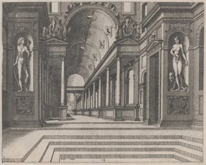 Uitzicht in een Kerk met Korinthische Zuilen en Beelden van Apollo, Melpomene en Mozes door Lucas van Doetechum and Johannes