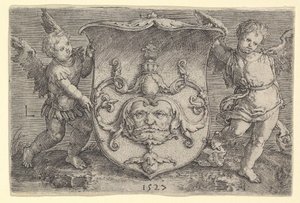 Wapen met een Masker, Gehouden door Twee Genii door Lucas van Leyden