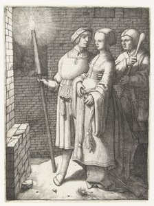 Jongeman met een toorts, een vrouw en een nar door Lucas van Leyden