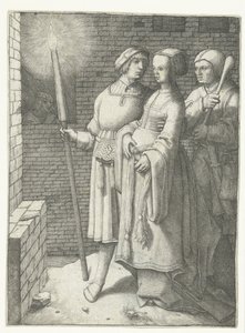 Jongeman met een toorts, een vrouw en een nar door Lucas van Leyden