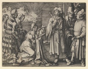 De vrouw van Potifar beschuldigt Jozef door Lucas van Leyden