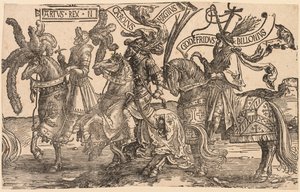 De Negen Helden: Arthur, Karel de Grote (Charlemagne), Godfried van Bouillon door Lucas van Leyden