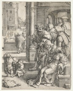 De dichter Vergilius opgehangen in een mand
