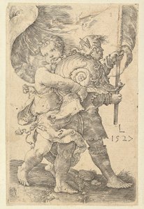 Twee Jongens met een Helm en Standaard door Lucas van Leyden