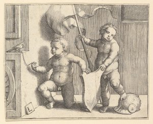 Twee Naakte Kinderen die een Leeg Schild Ondersteunen, ca. 1510