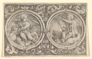 Twee putti zittend in wolken in cirkels met ranken, 1517 door Lucas van Leyden