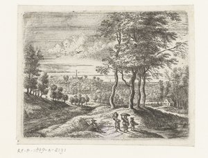 Boslandschap met twee vrouwen en een jongen met een mand door Lucas van Uden