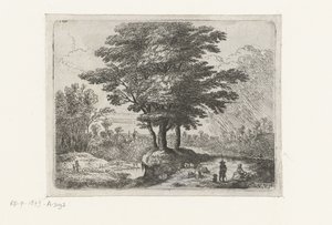 Drie bomen, een herder met schapen en een hond