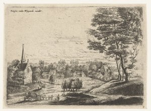 Gezicht op een dorp met een huifkar door Lucas van Uden
