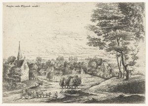 Gezicht op een dorp met een huifkar door Lucas van Uden