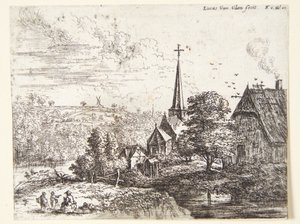 Dorp bij een rivier, op de voorgrond drie figuren