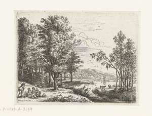 Landschap met drie figuren bij een meer Kleine landschappen (serie) door Lucas van Uden