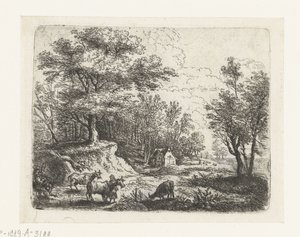 Landschap met drie koeien en een vrouw door Lucas van Uden