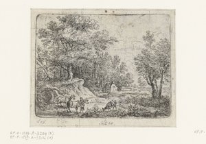 Landschap met drie koeien en een vrouw door Lucas van Uden