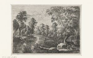 Landschap met een beek en een jager door Lucas van Uden