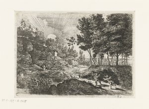 Landschap met twee putti (Vijf landschappen) door Lucas van Uden