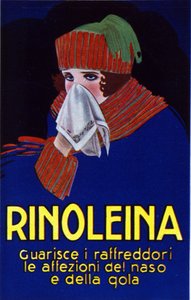 Reclame voor het medicijn Rinoleina tegen verkoudheid, keelpijn en hoest. Illustratie door Lucien Achille Mauzan (1883 - 1952).