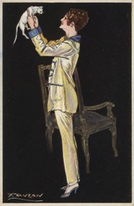 Meisje in pyjama met witte kat door Luciano Achille Mauzan