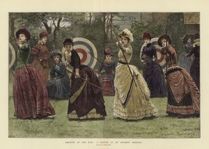 Amazones van de boog: een schets van een bijeenkomst boogschieten (ingekleurde gravure)
