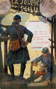 Twee Franse soldaten doorzoeken zorgpakketten van thuis. door Lucien Hector Jonas