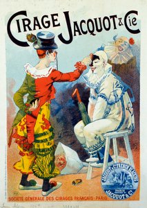 Reclame voor Jacquot poetsmiddel. Twee clowns maken zich op met poetsmiddel. Tekening door Lucien Lefevre (1850-?). 1894 Parijs. Arts Decoratifs - Advertentie voor was Jacquot: Twee clowns maken zich op met schoenpoets, door Lucien Lefevre