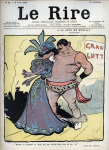 Op het feest van Neuilly: zorg - een vrouw elegant gekleed praat met een tekenworstelaar door Lucien Marie Francois Metivet (1863-1930) - het lachen van 8 juni