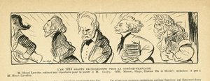 Illustratie in Le Rire, 04/01/13 - het jaar 1913... - Theater, Comédie française - Hugo Victor, Dumas Alexandre (fils), Lavedan Henri (1859-1940), Guitry Sacha, Musset Alfred, Molière