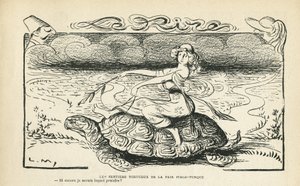 Illustratie in Le Rire, 05/10/12 - De kronkelige paden van vrede Italo-Turks - Oorlog, Turkije, Italië, Vrede - Schildpad - Animatie, Allegorie (gravure) door Lucien Metivet