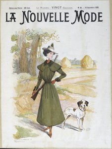 Vrouw in jachtkleding met een geweer - in "La Nouvelle Mode" van sept. 1898 door Lucien Metivet